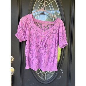 ECI New York Purple Floral Lace Blouse Dragonfly Charms Ruffle V-Neck Size 8